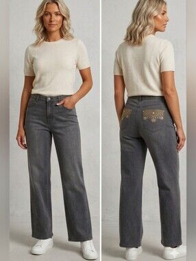 Elevated Casual, Simon Chang Straight Leg Jeans,Grey,Embroidered Pockets,Size 14